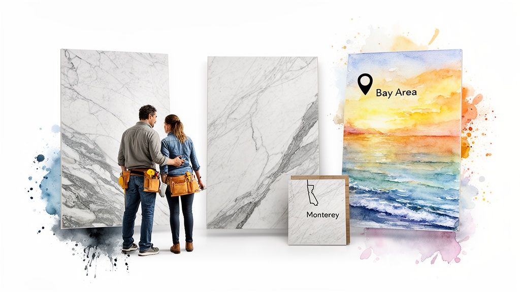 A couple of contractors examine large marble slabs, with smaller images referencing Monterey and the Bay Area.