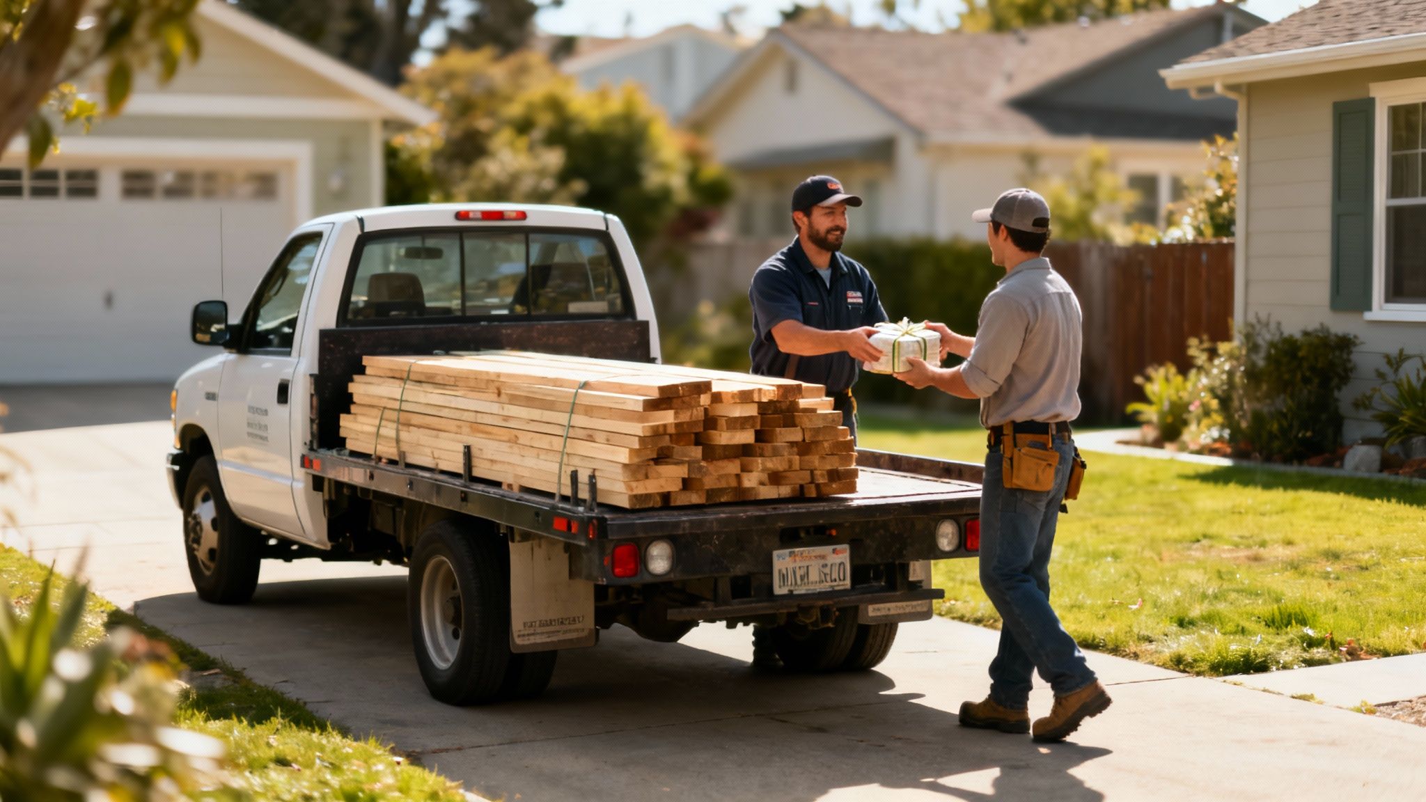 A delivery man hands a wrapped gift to a homeowner next to a truck full of lumber.