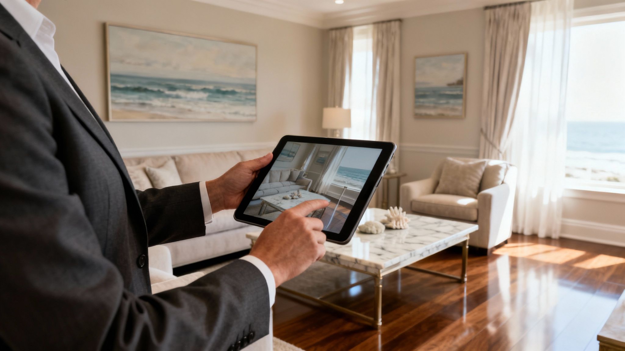 A person in a suit holds a tablet displaying a virtual property tour of a luxurious living room with an ocean view.