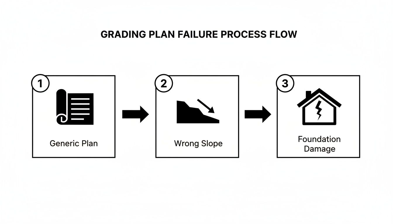 A flowchart illustrates the grading plan failure process: a generic plan leads to wrong slope, causing foundation damage.