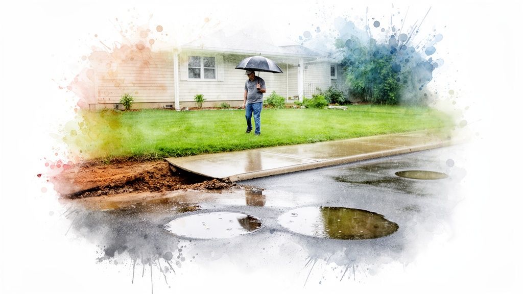 A man with an umbrella stands on a wet lawn next to a damaged sidewalk and puddles, showing effects of poor grading.