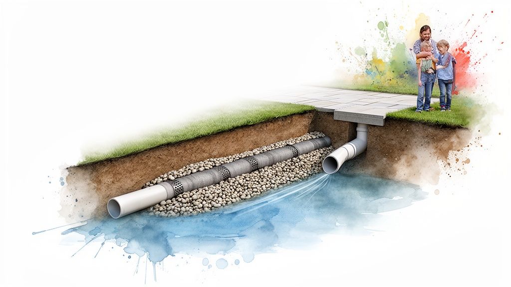 Cross-section illustrating a backyard drainage system with a perforated pipe, gravel, and water flowing into a pond.