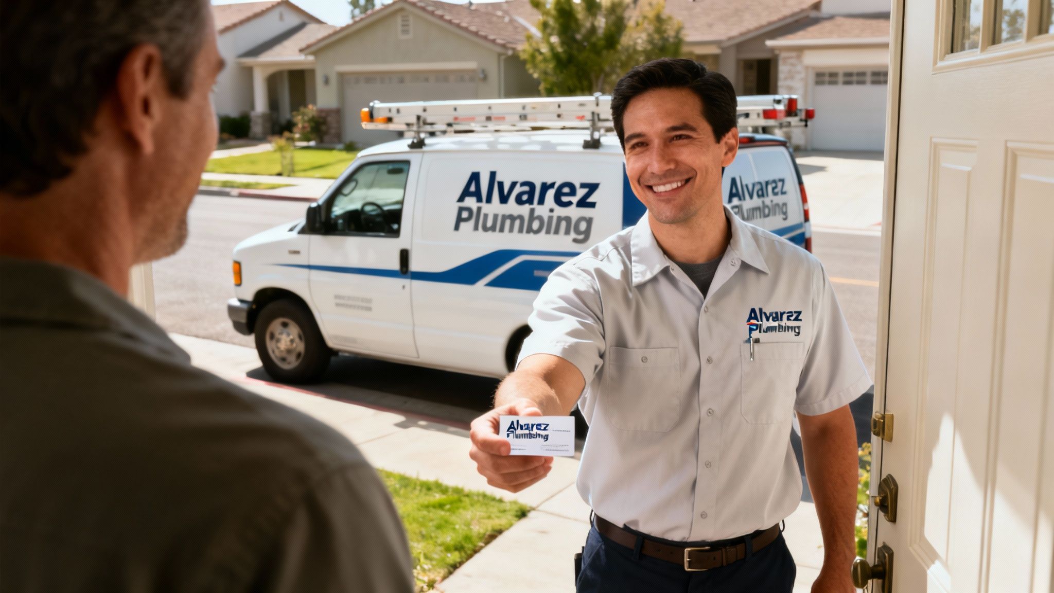 A professional plumber from Alvarez Plumbing working under a bathroom sink.