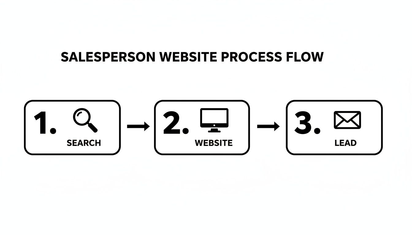 Flowchart showing a salesperson's website process: search, website visit, and lead generation.