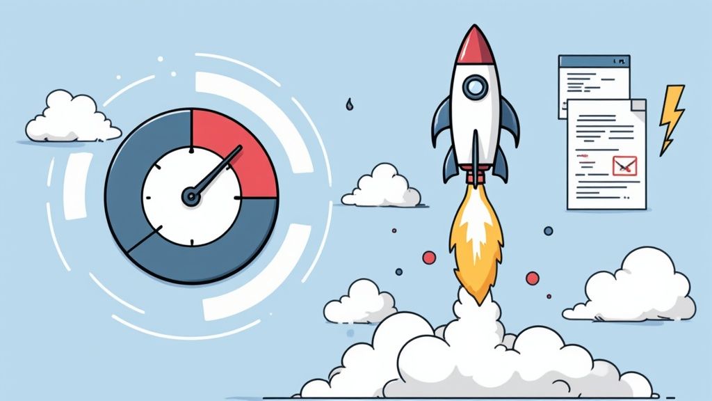 Graphic showing a website's speed gauge in the green zone, symbolizing optimal performance.