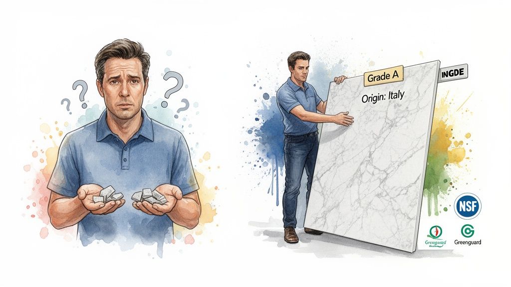 Illustration of a man confused about material choices, while another showcases a high-quality, certified Italian slab.