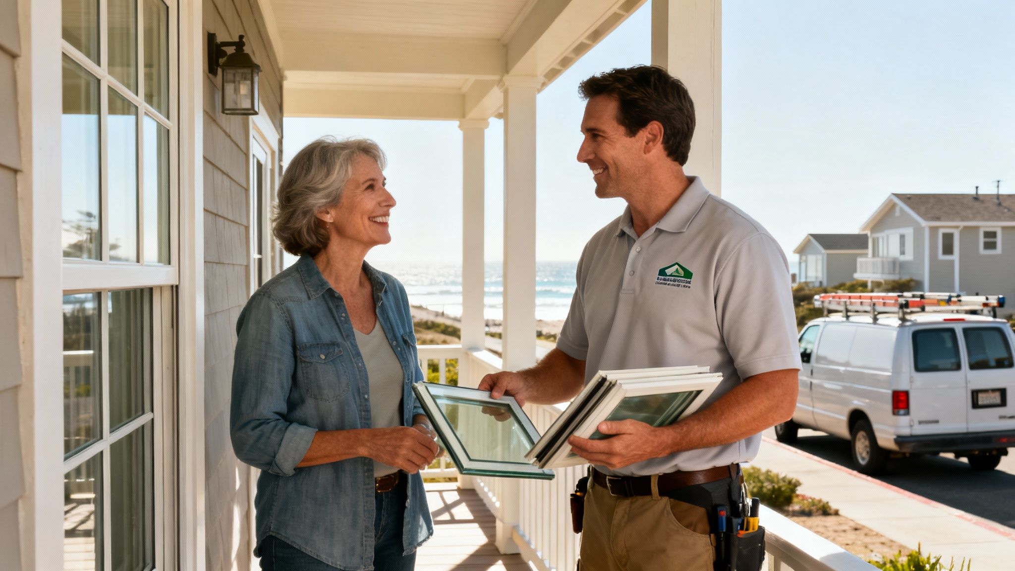 A smiling window contractor shows samples to a happy homeowner on a porch with ocean view.