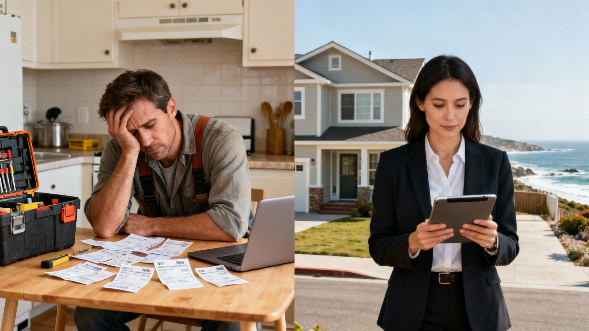 Stressed man calculating home expenses versus professional woman managing property with a tablet.