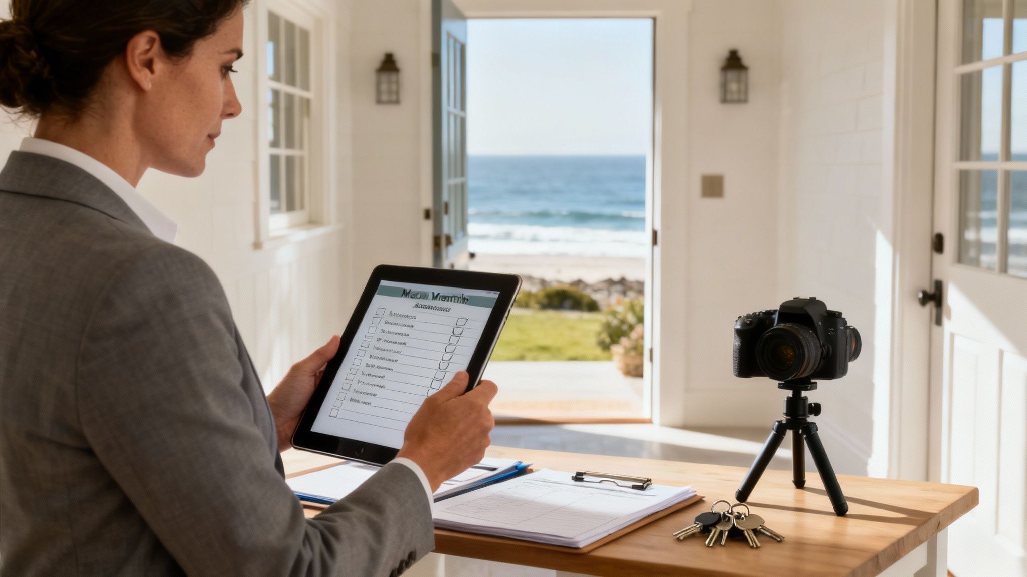 Property manager reviewing digital checklist on tablet at beachfront vacation rental property