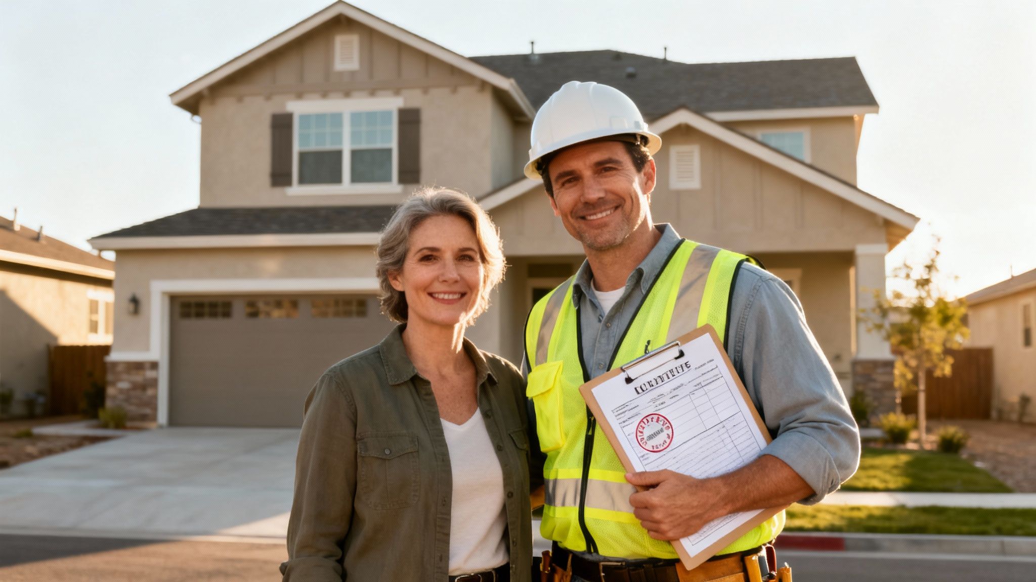 A smiling construction worker in a hard hat and a woman stand in front of a new home.