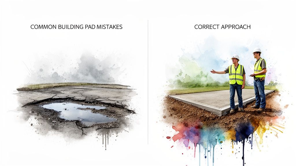 Comparison of a poorly constructed, cracked building pad with a properly prepared pad and construction workers.