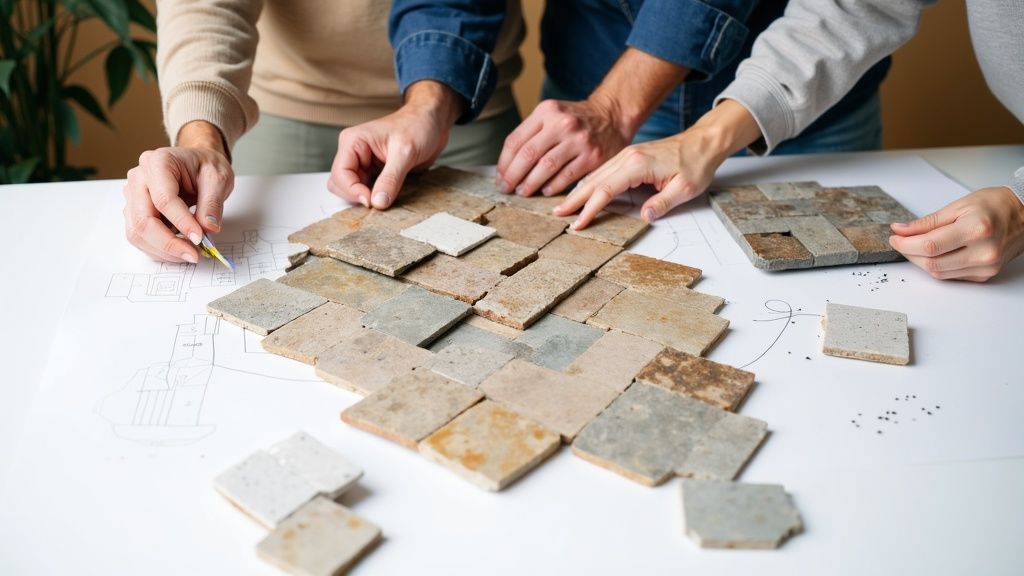 Multiple hands arrange earthy-toned stone tiles on a blueprint, collaborating on a design.
