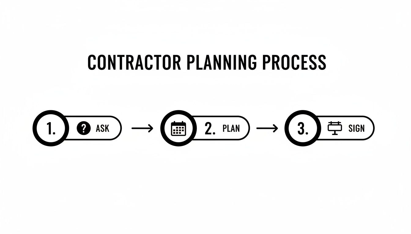 A contractor planning process flowchart with three steps: Ask, Plan, and Sign, with icons.