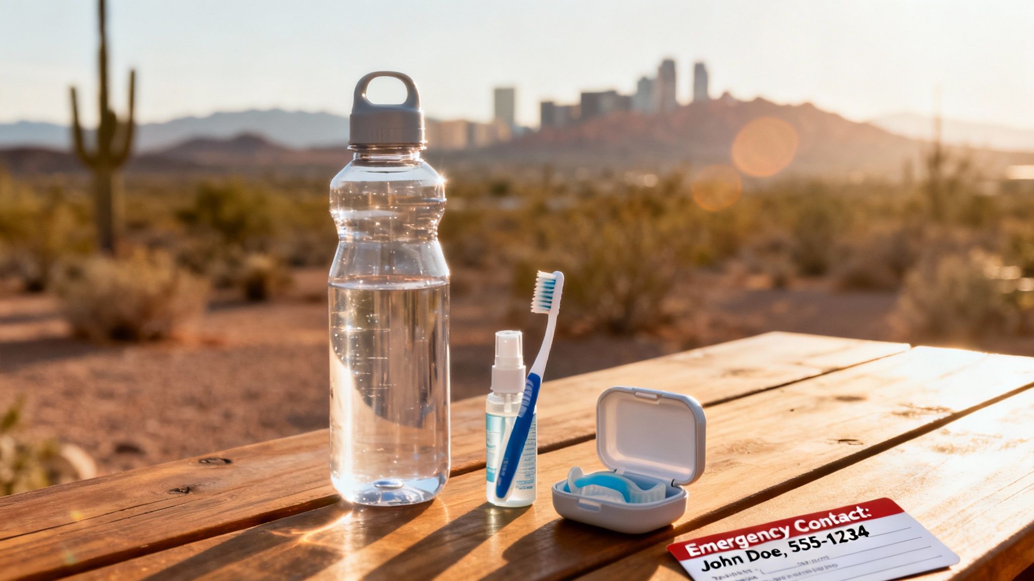 Dental care items, a water bottle, and an emergency contact card on a table in a desert landscape.