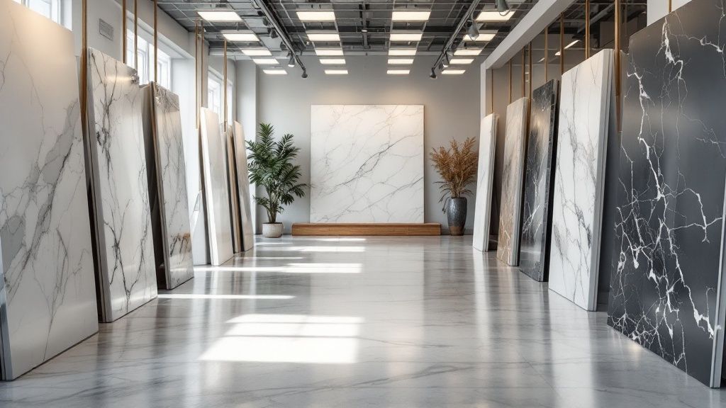 A well-lit showroom with various stone slabs on display.