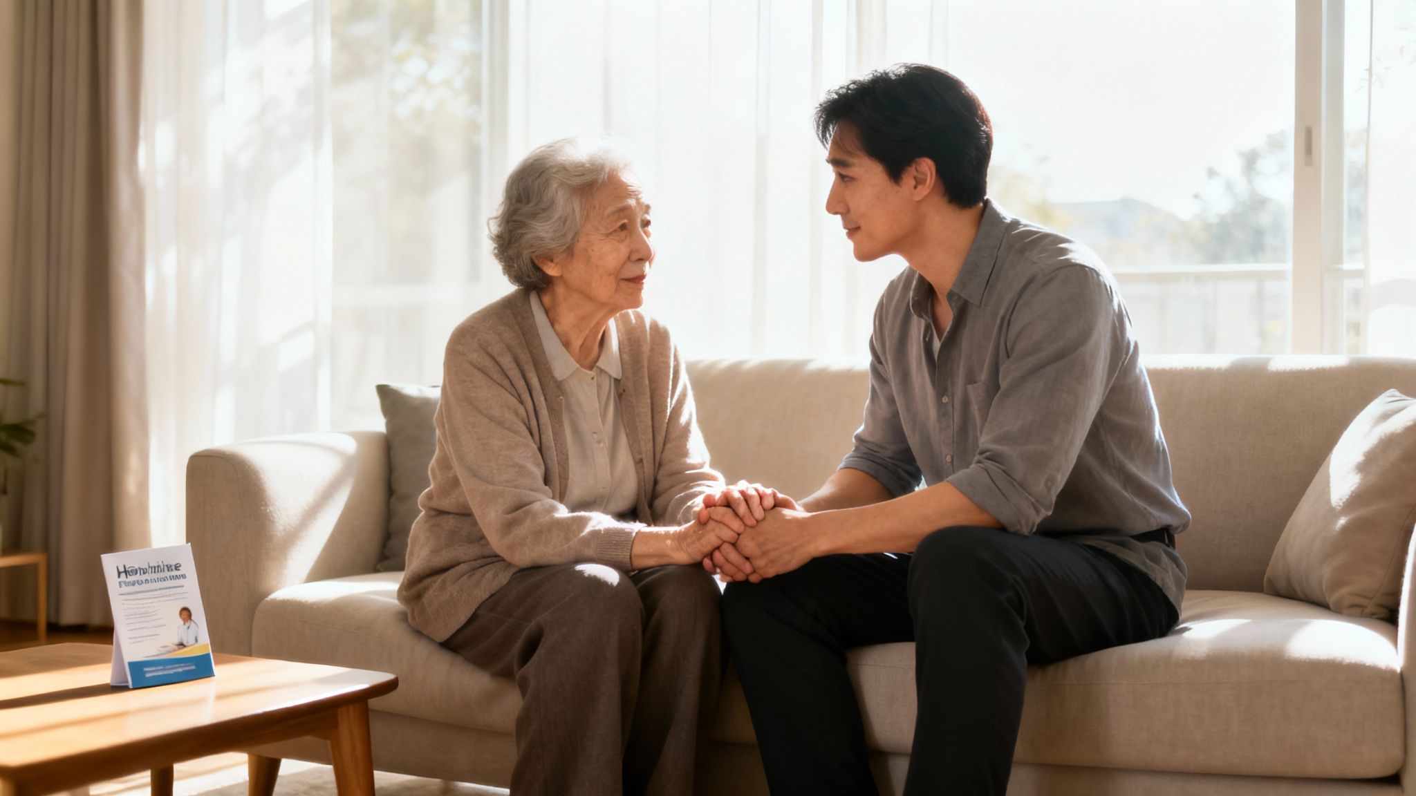 A healthcare professional comforting an elderly patient at home, illustrating compassionate in-home care.