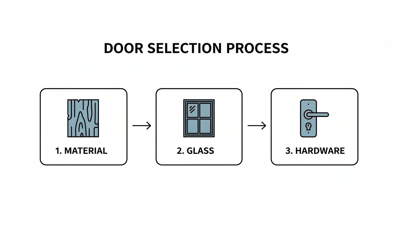 An infographic illustrating the door selection process, showing steps for material, glass, and hardware.