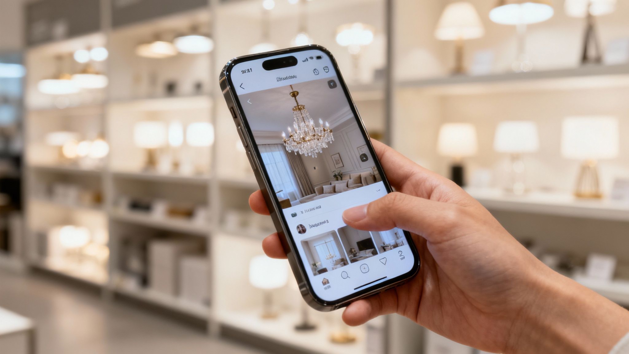 A living room with a modern, stylish light fixture, viewed through the frame of a smartphone screen.