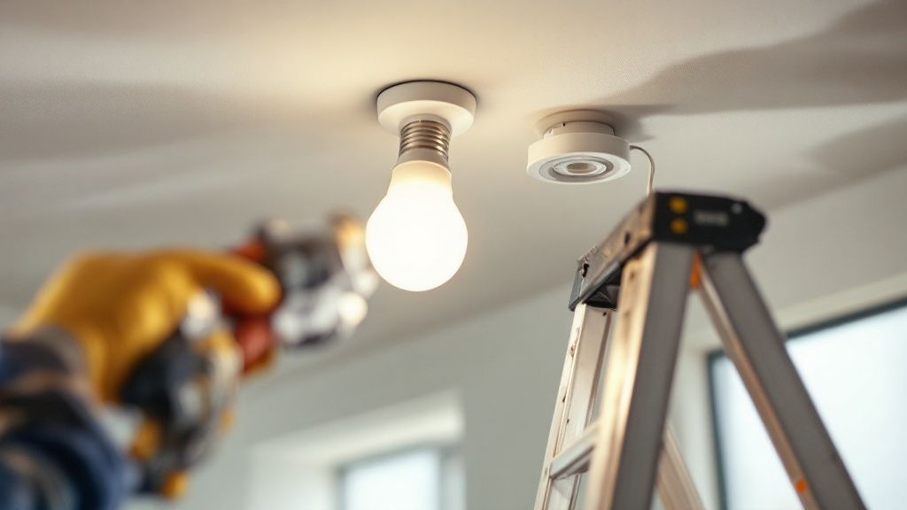 A person measures a ceiling can light to determine the correct size for an LED retrofit fixture.