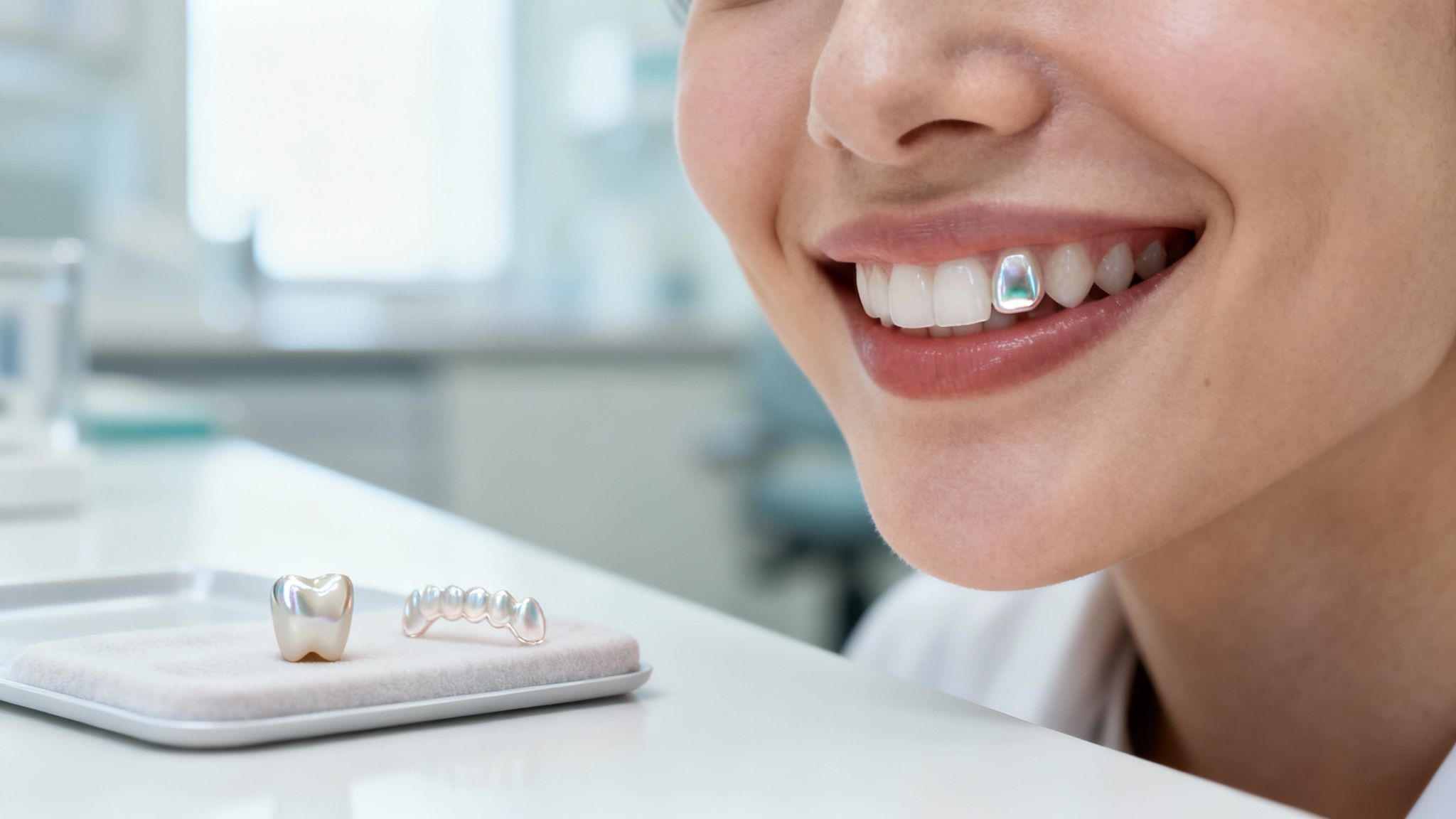 A smiling woman showcases a tooth gem, with dental crown and bridge models on a tray.