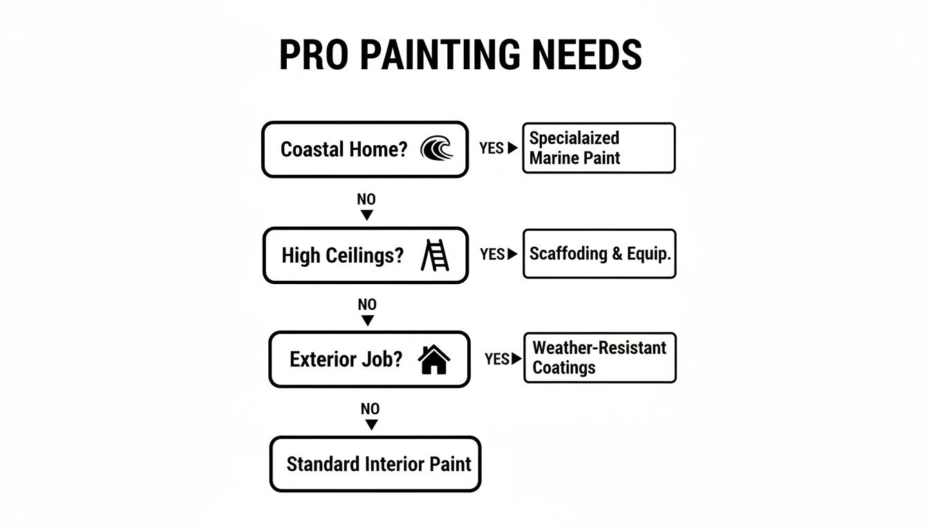 Flowchart detailing professional painting needs for coastal homes, high ceilings, exterior, or interior jobs.