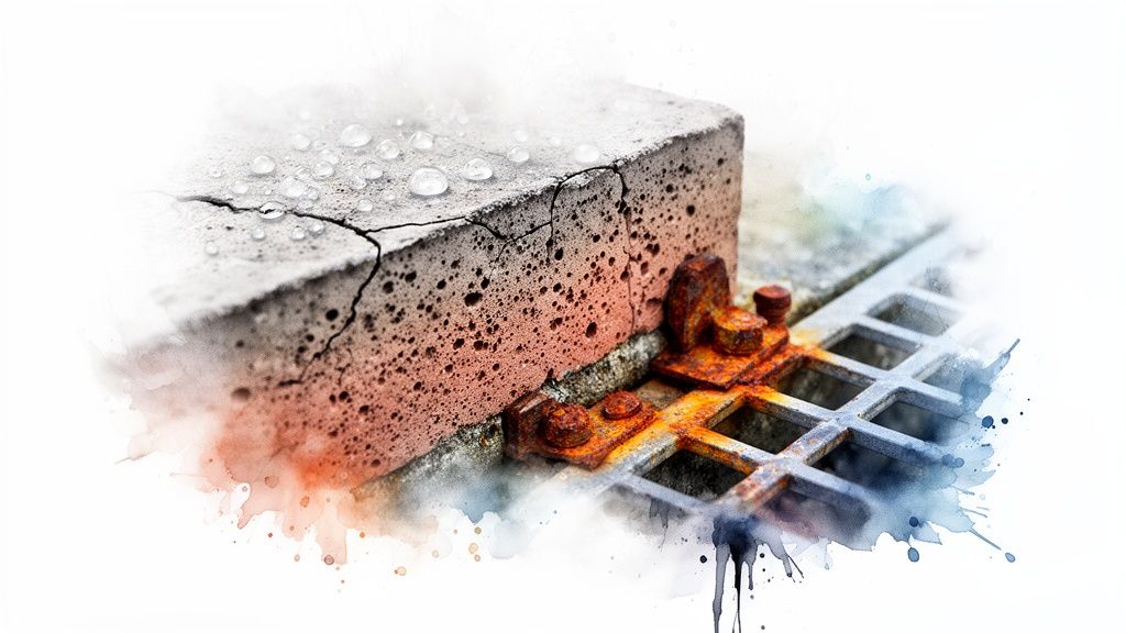 Close-up of cracked concrete with water droplets and rusty metal bolts on a grate.