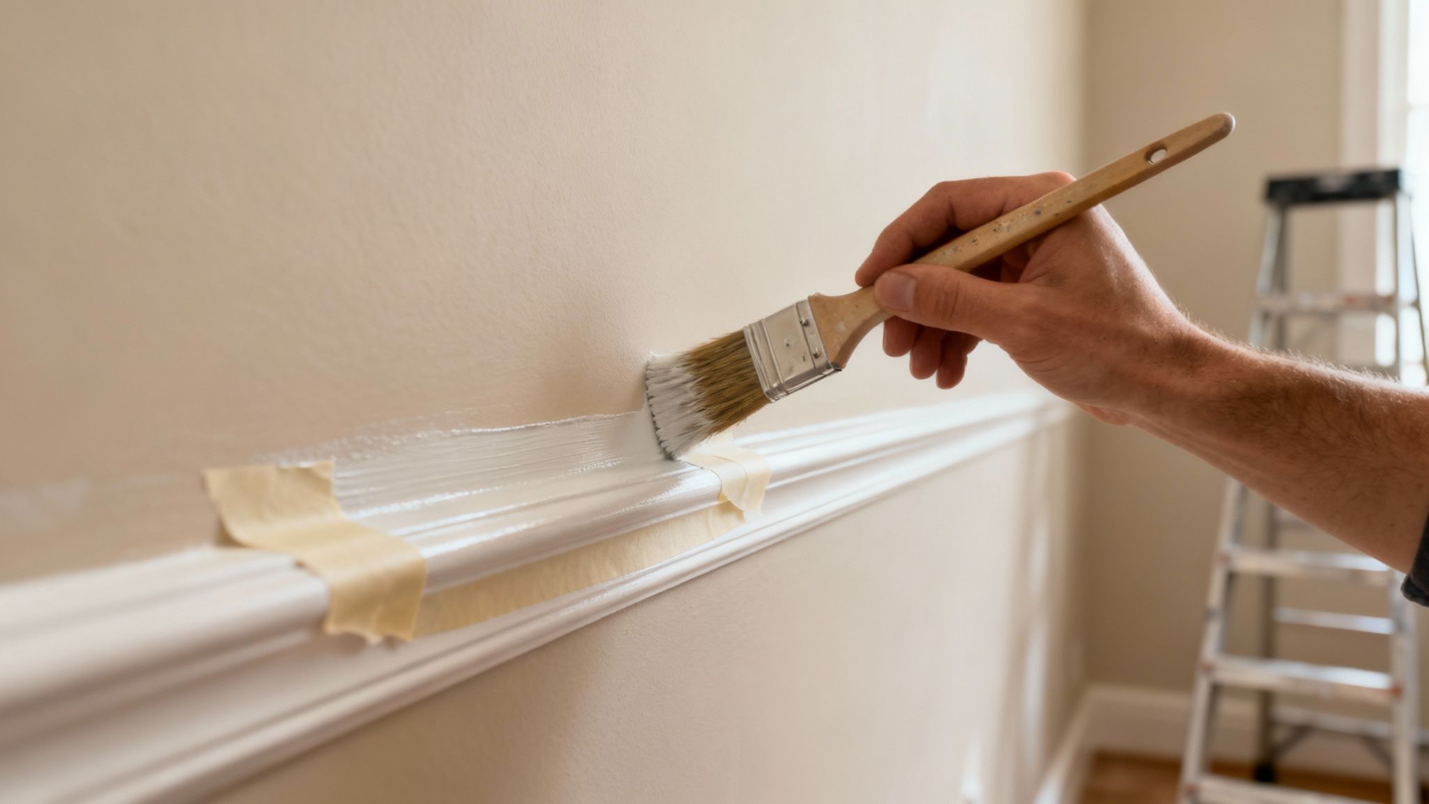 Professional painter applying white paint to decorative wall molding with brush during home renovation