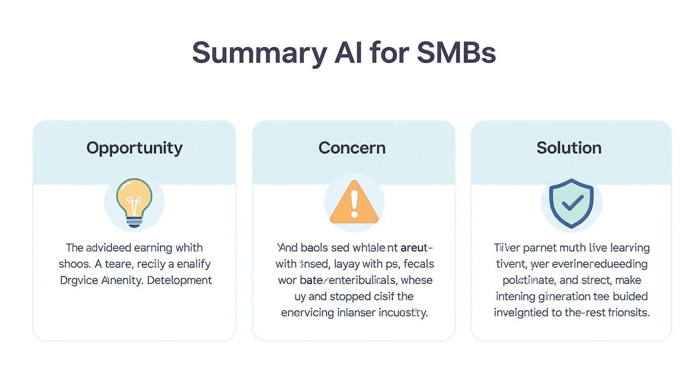 Infographic summarizing AI opportunities, concerns, and solutions for small and mid-sized businesses.