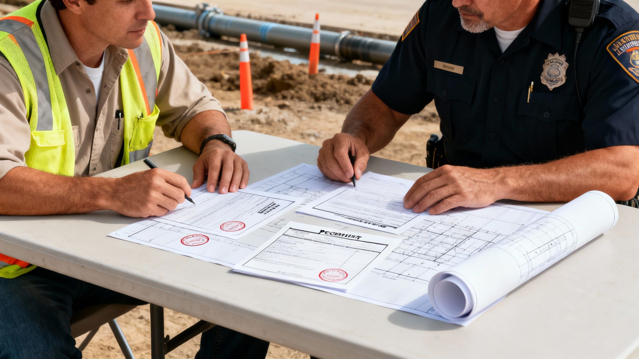 Two men, a construction worker and a police officer, reviewing documents and blueprints at a construction site.