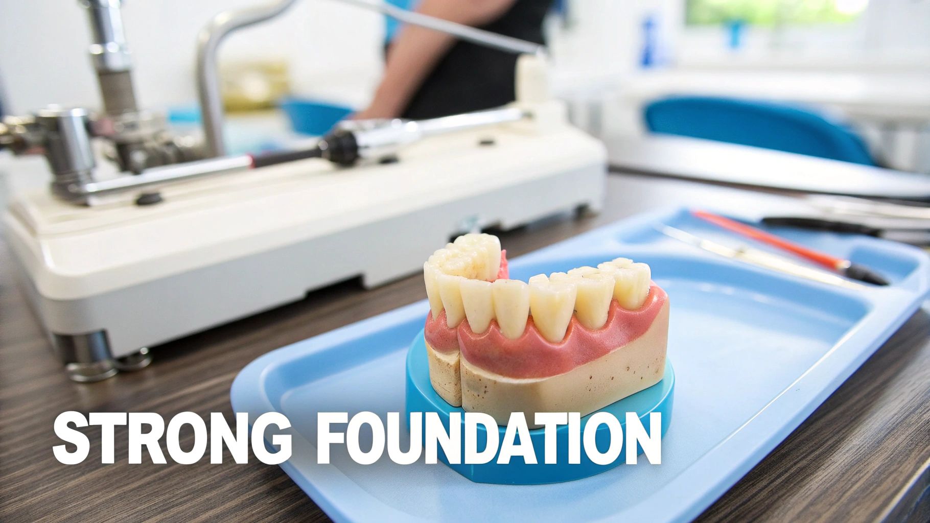A close-up of a dental model displaying teeth and gums on a blue tray in a dental clinic.