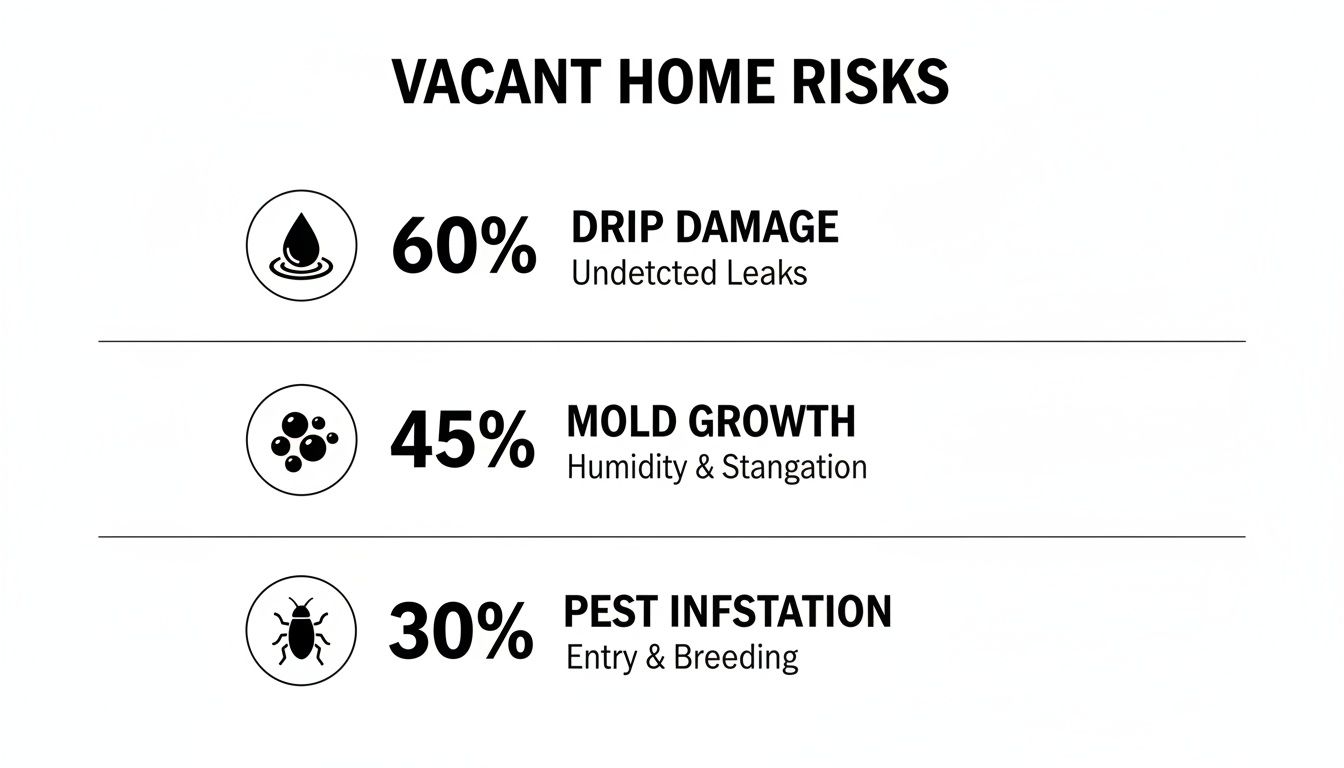 Infographic outlining vacant home risks: 60% drip damage, 45% mold growth, and 30% pest infestation.