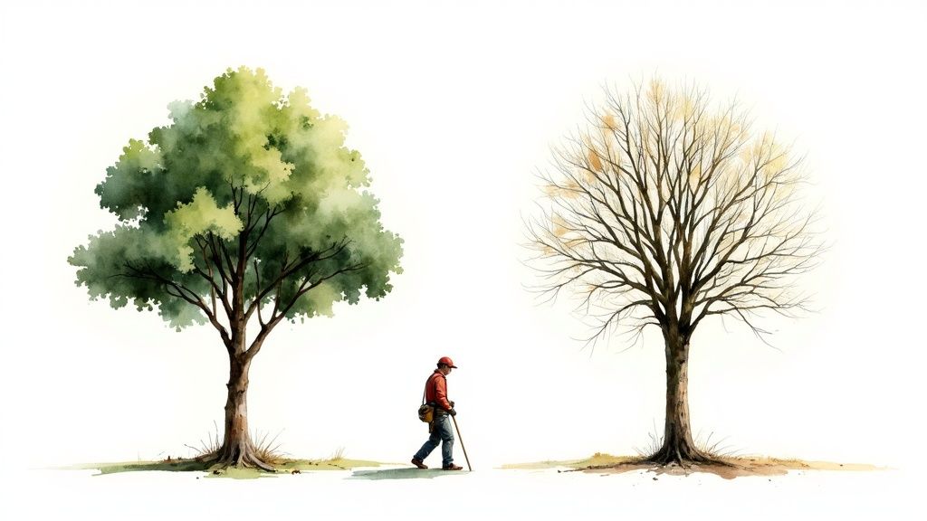 Watercolor illustration of a person walking between a vibrant green tree and a dormant bare tree.