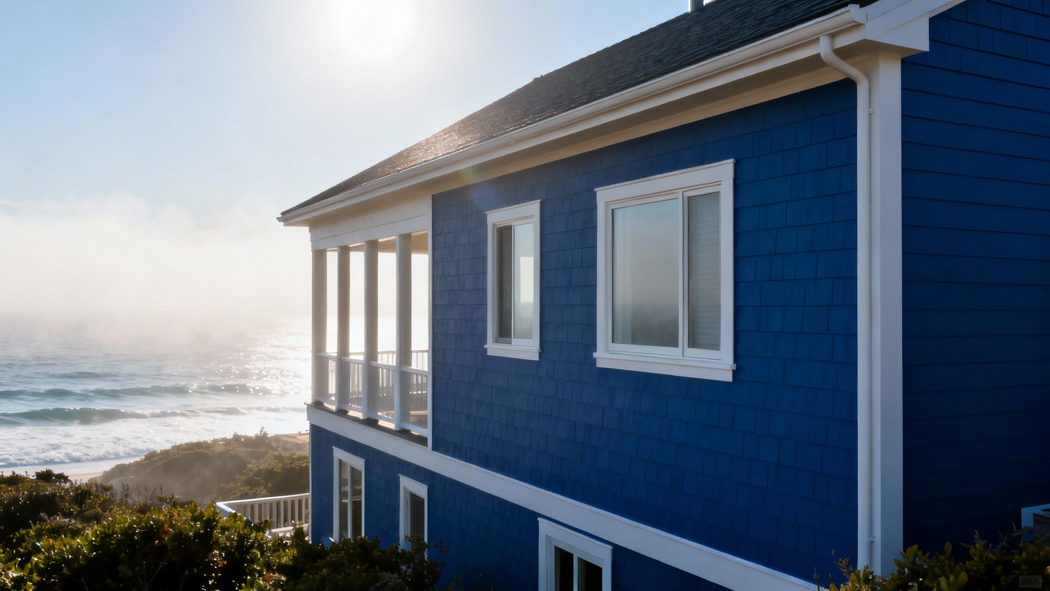 Side view of a vibrant blue beach house overlooking a misty, sunlit ocean.