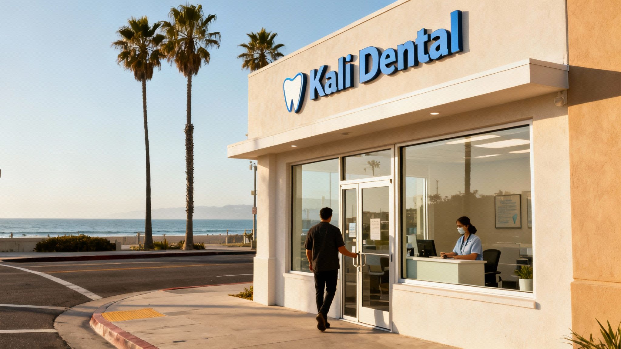 Exterior of Kali Dental clinic by the beach, with a patient entering and a masked receptionist inside.