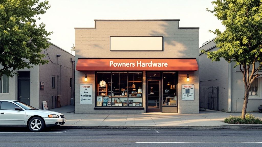 A friendly hardware store employee assists a customer with a smile.