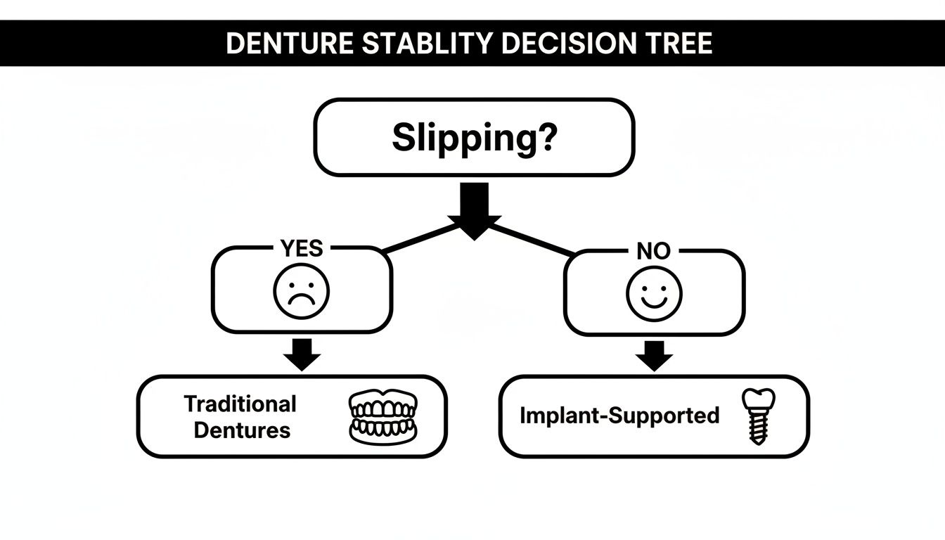 A decision tree illustrating denture stability: Slipping leads to traditional dentures, no slipping leads to implant-supported.