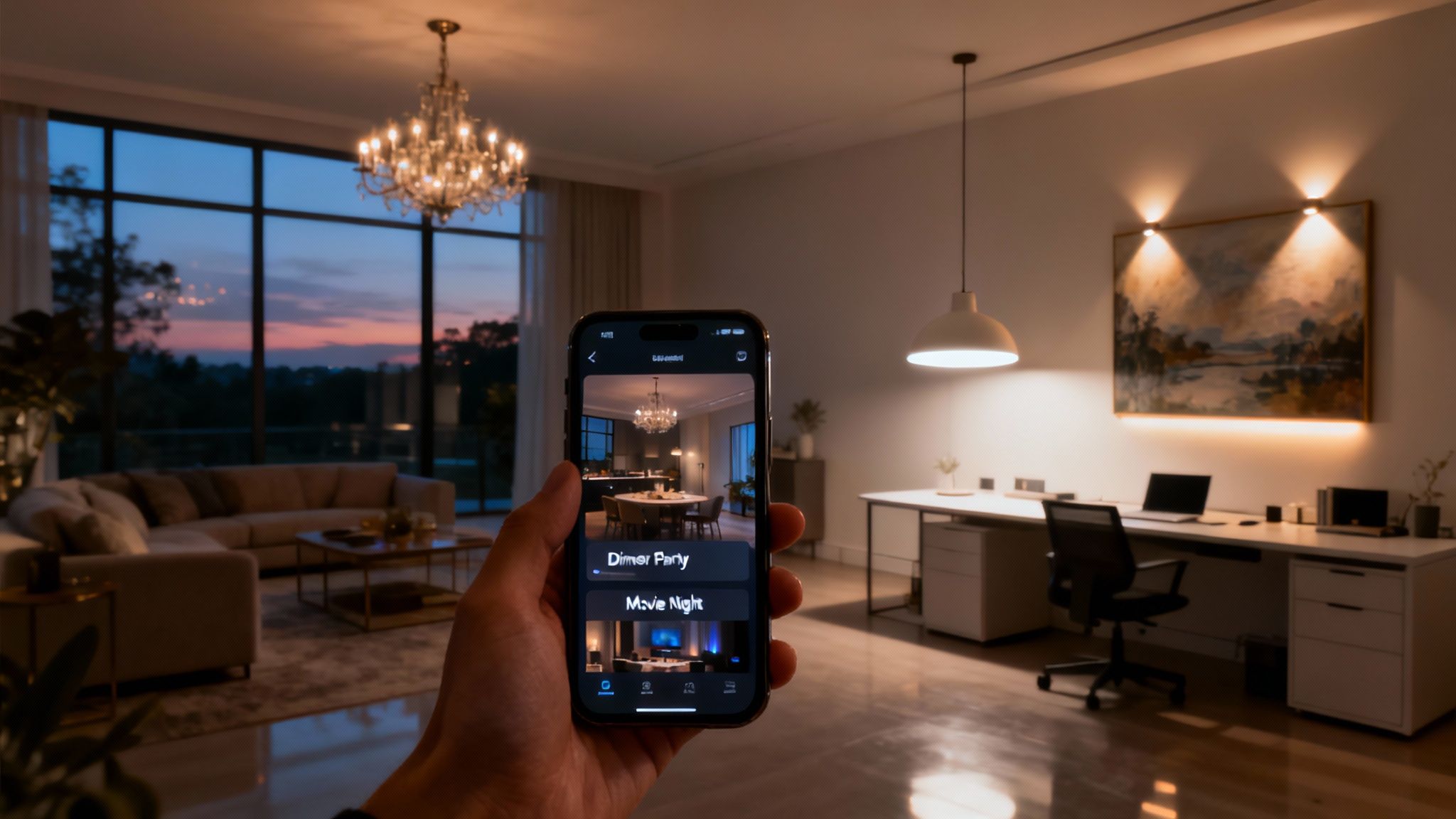 A person using a smartphone to adjust smart lighting in a modern open-concept living room.