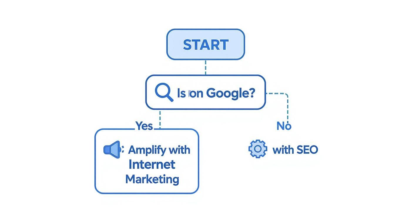 Infographic decision tree asking if a business is visible on Google. If yes, amplify with internet marketing. If no, build with SEO.