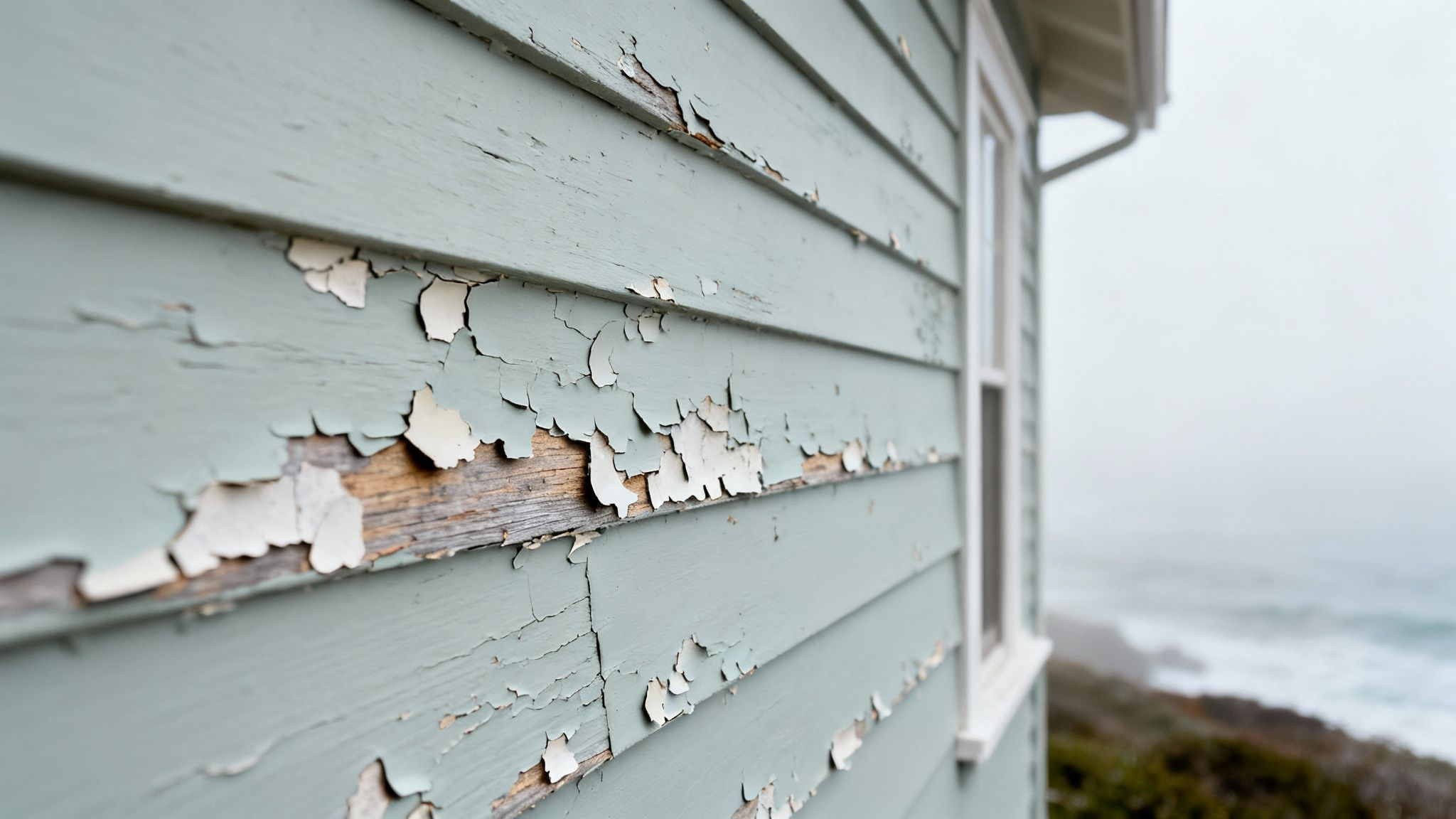 Close-up of a house exterior with peeling light green paint, revealing wood, overlooking a misty ocean.