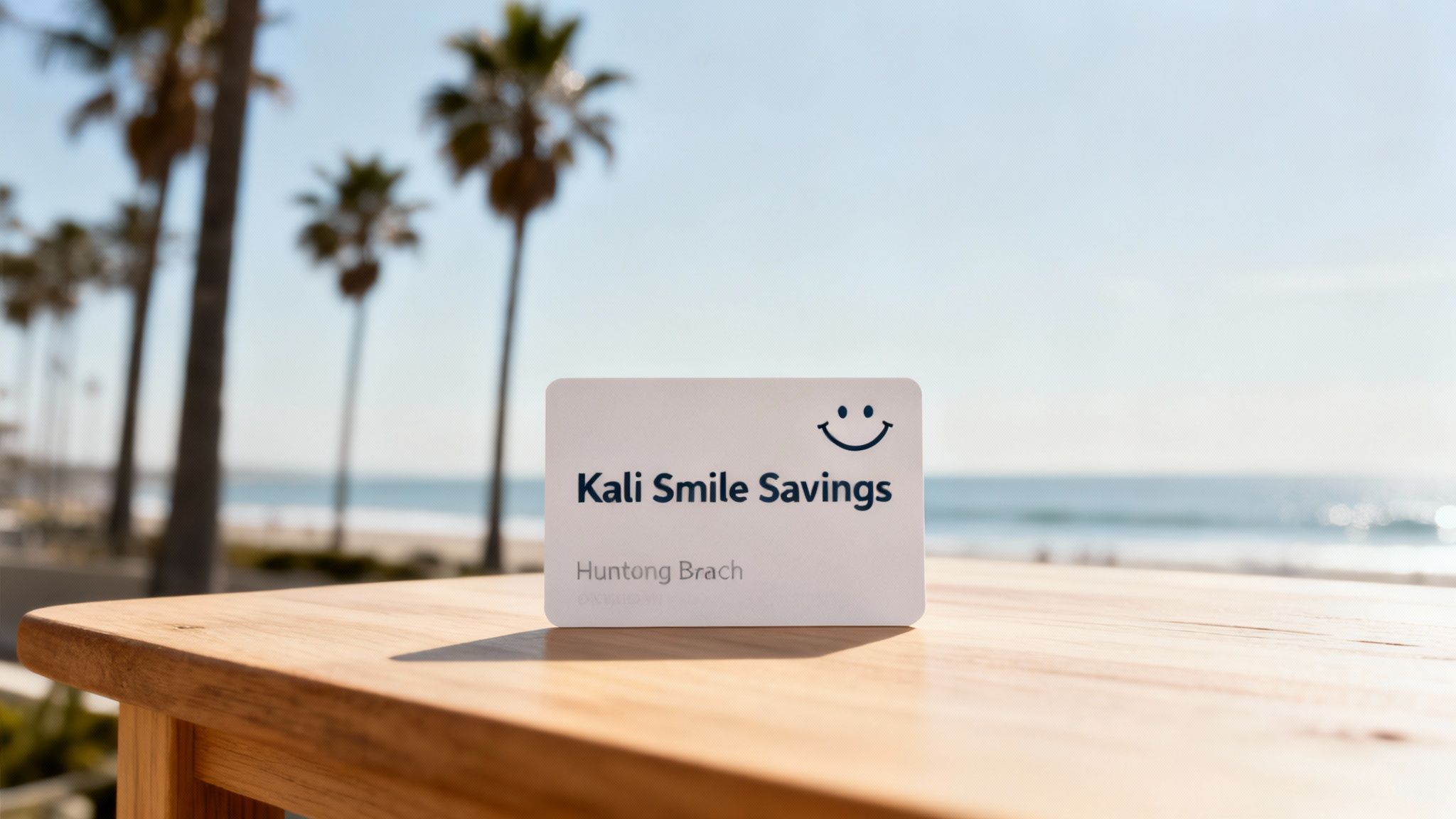 A white 'Kali Smile Savings' card with a smiley face logo sits on a wooden table, overlooking a sunny beach with palm trees and the ocean.