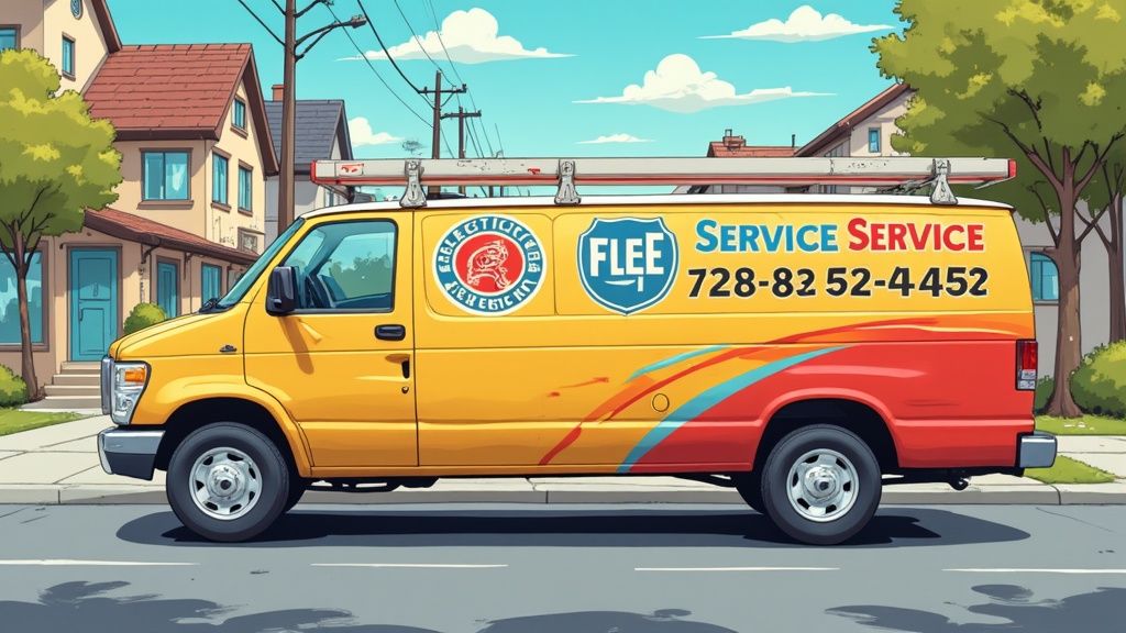 A professionally wrapped work van for an electrical contractor, showcasing a clear logo, phone number, and list of services like panel upgrades and EV chargers.