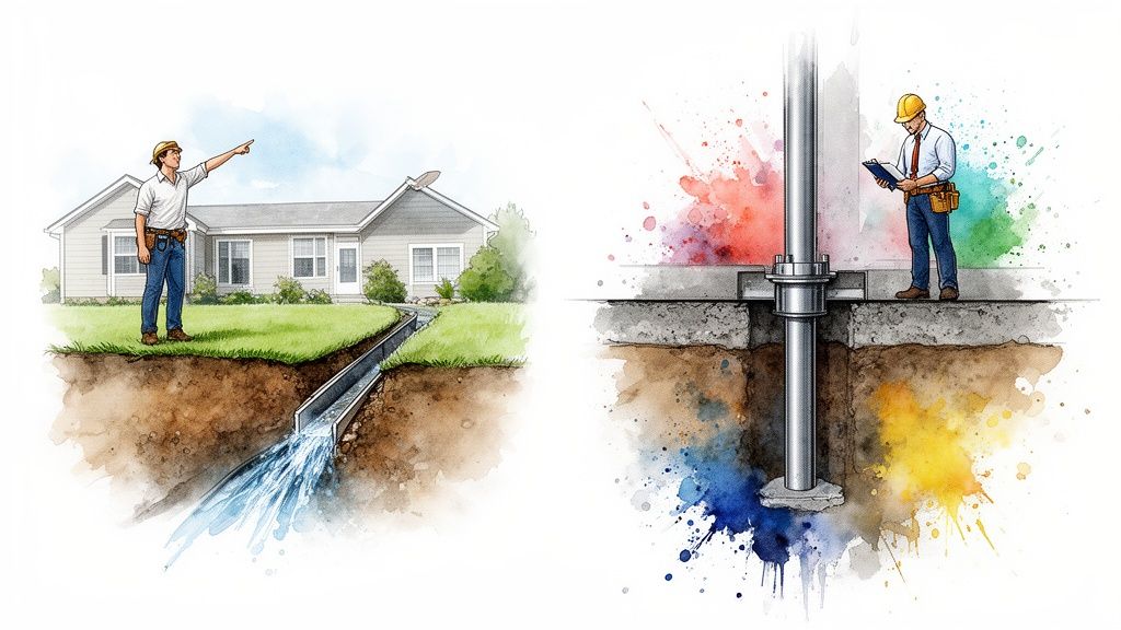 Watercolor illustration showing home foundation drainage and a structural column inspection.