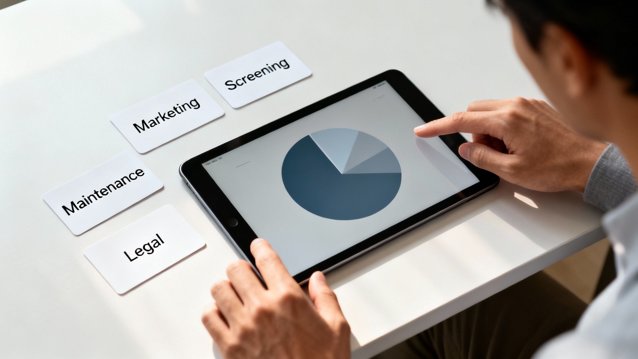 A person analyzes a pie chart on a tablet next to business category cards like Marketing and Legal.