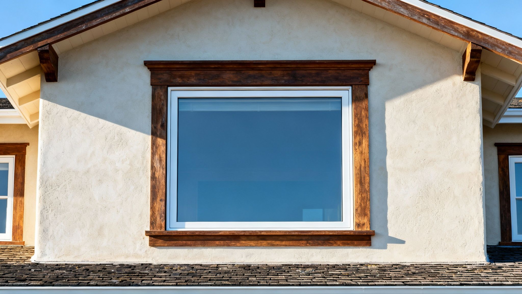 A large white-framed window with dark wood trim on a light stucco wall of a house.