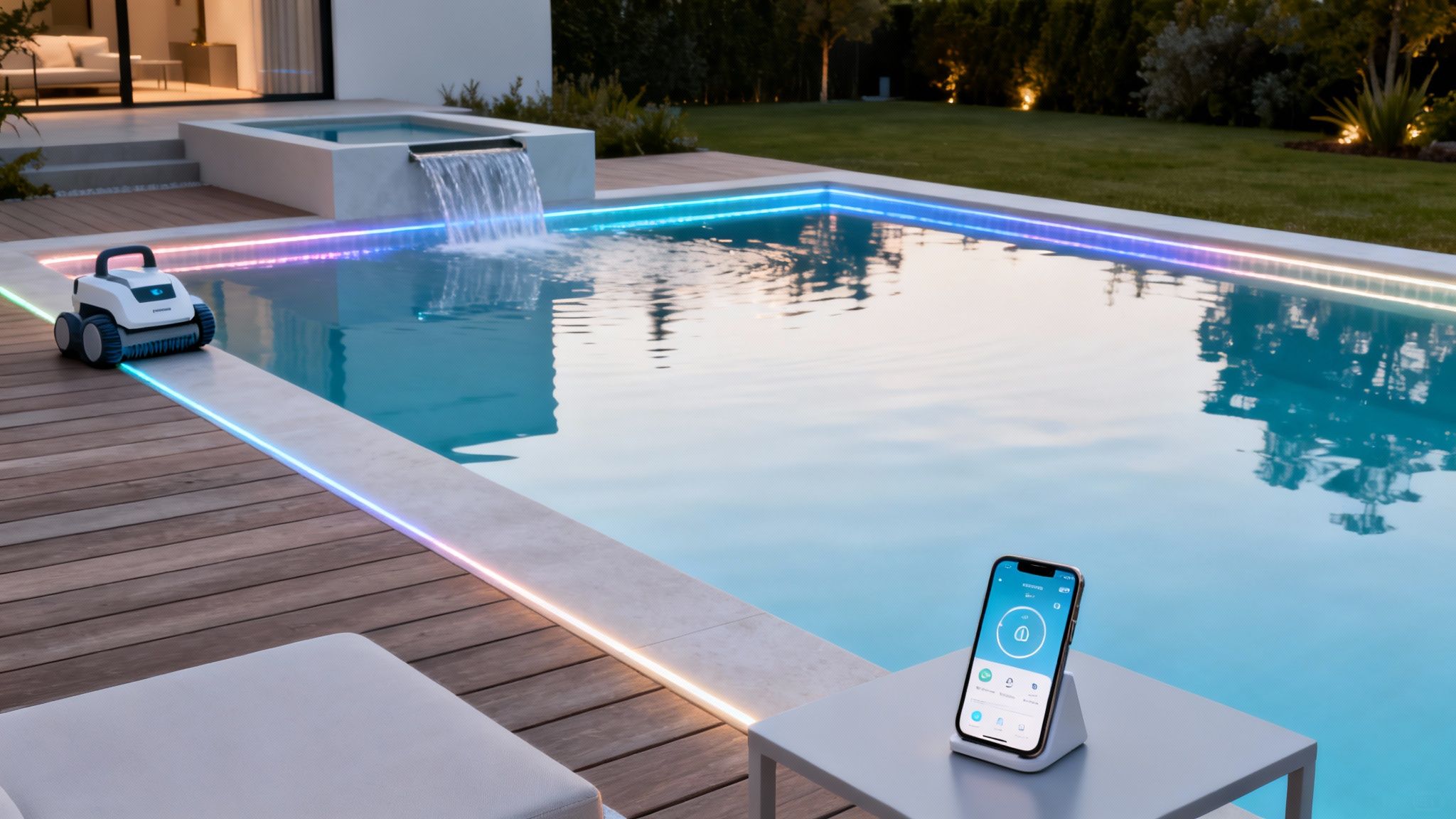 Modern backyard pool area at dusk with colorful LED lights, a robotic cleaner, and a smartphone.