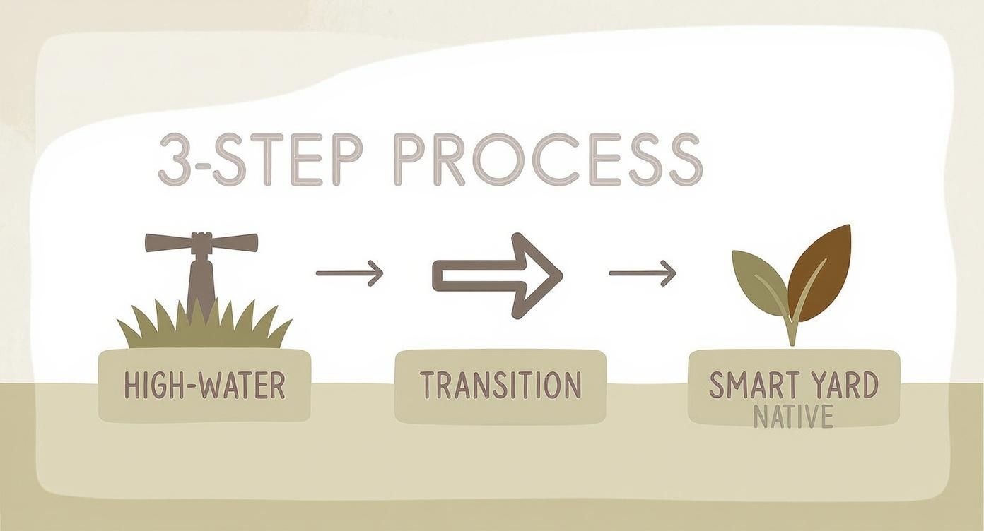 Illustration showing a 3-step process: High-Water yard with a sprinkler, Transition, and Smart Yard Native with a plant.