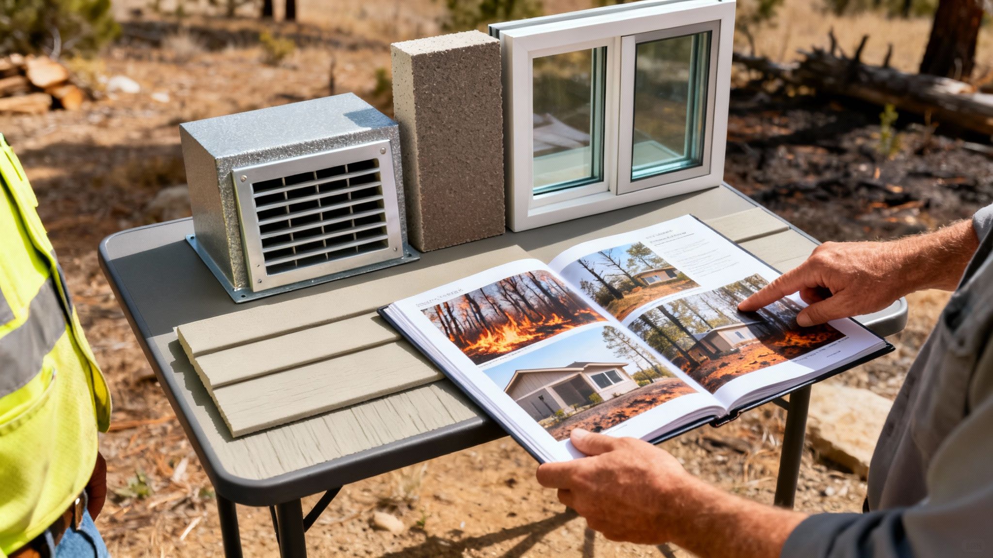 Construction materials, including a vent and window, alongside a book showing fire-resistant homes and a wildfire.