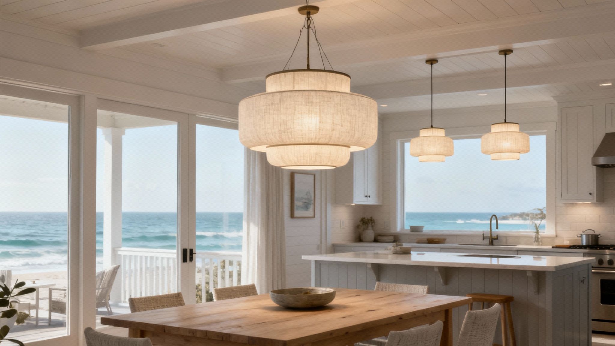 A well-lit dining area with a modern chandelier over the table, showcasing stylish light fixtures.