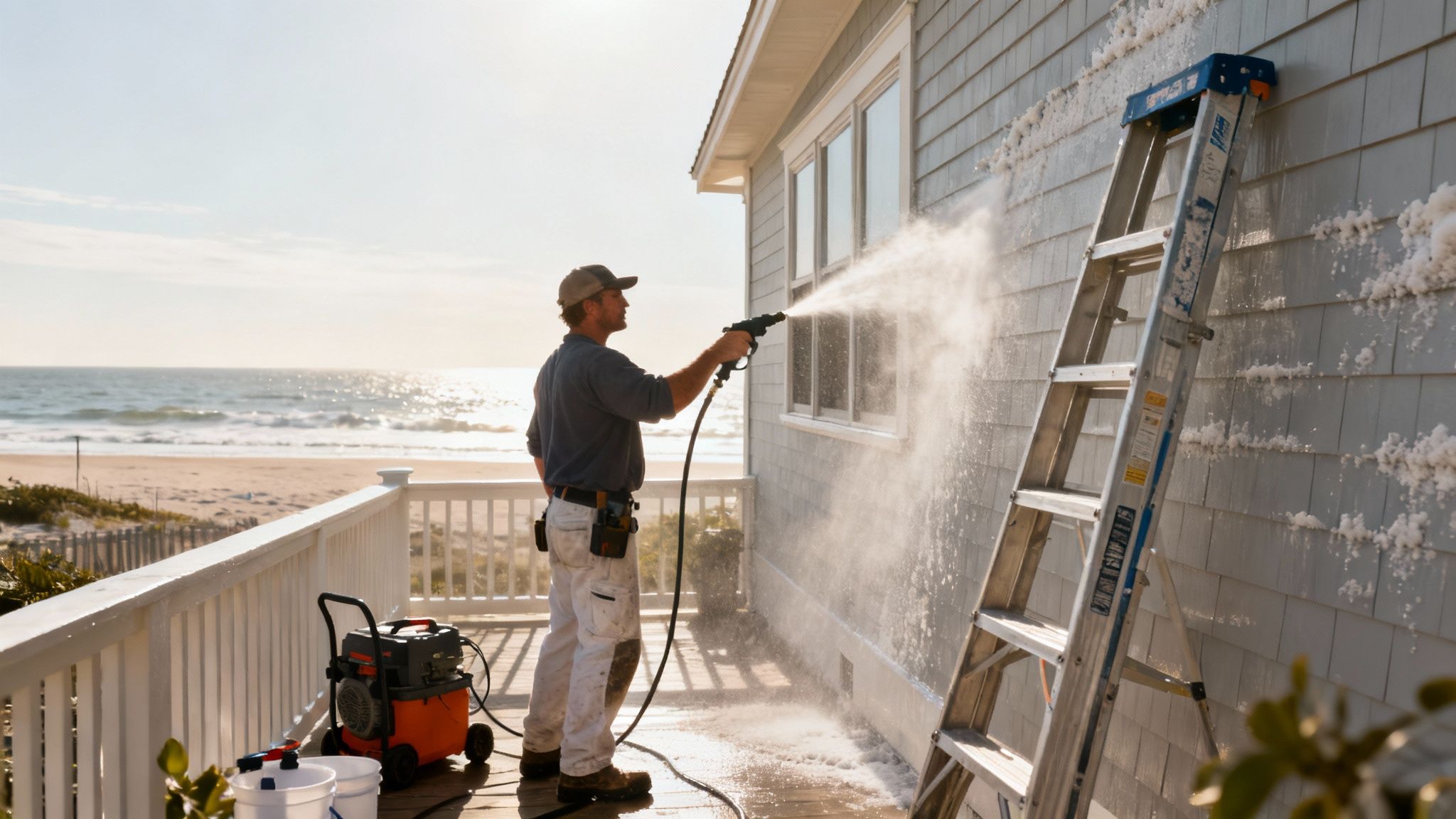 A painter preparing an exterior wall by scraping old paint before starting the new job.