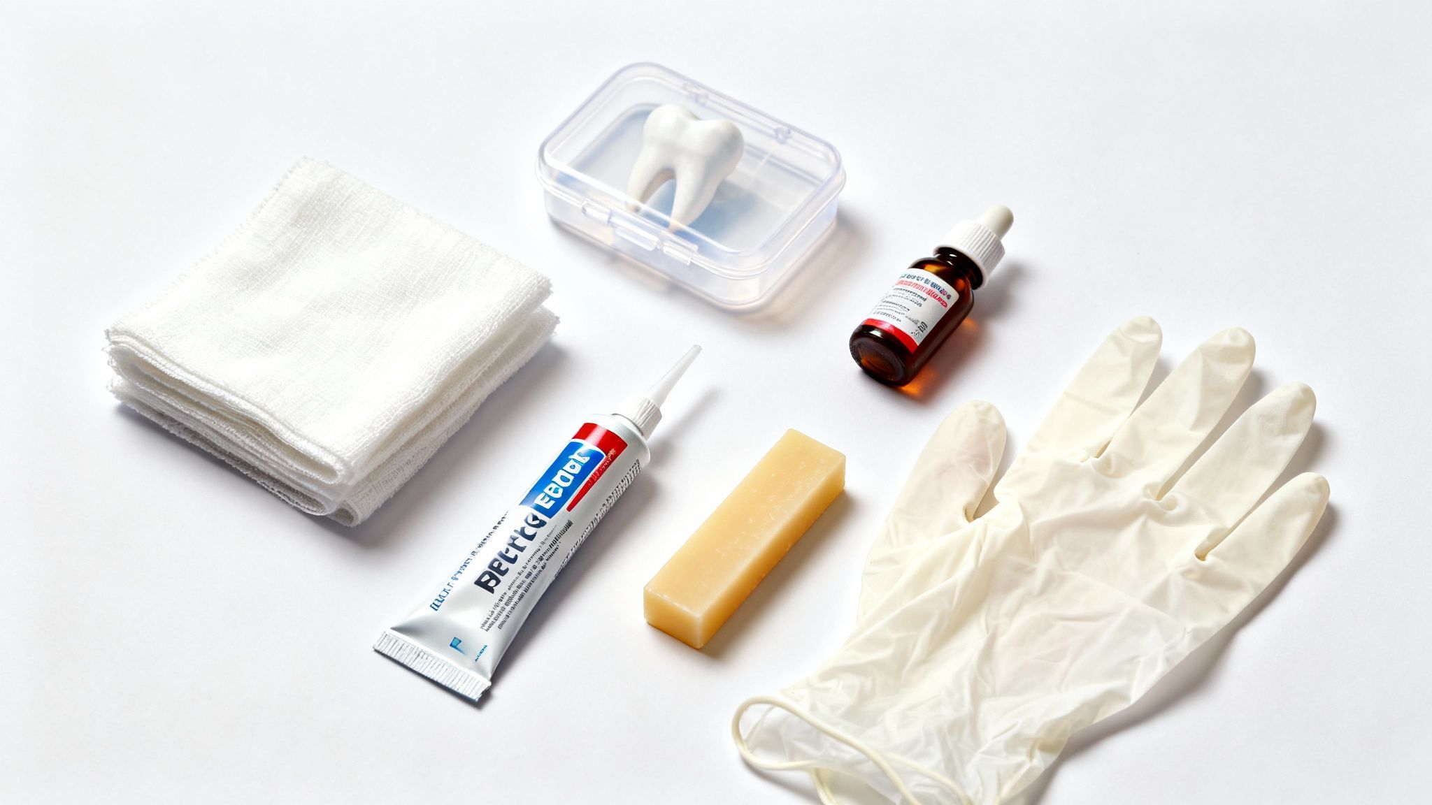 A dental first aid kit with gauze, a tooth model, adhesive, dental wax, and gloves on a white background.